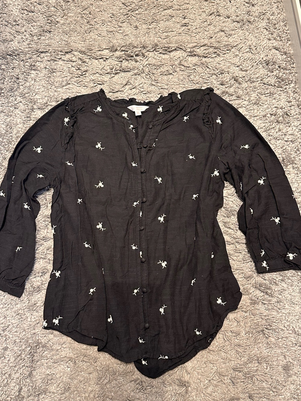 LC Lauren Conrad Black Button-Front Blouse with White Floral Embroidery